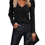 Nadorine V Neck Sweaters Casual Puff Sleeve Pullover Sweater