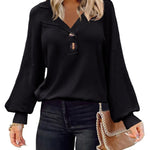 Nadorine Women V Neck Sweater Lantern Sleeve Drop Shoulder Oversized Henley Knit Pullover Tops S-XXL