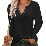 Nadorine Women Casual V Neck T-Shirts Ruffle Long Sleeve Shirt Eyelet Loose Blouses S-XXL