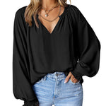 Nadorine Blouses Puff Long Sleeve Pleated V Neck Tunic Tops