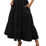 Women's Boho Elastic High Waist Ruffle A Line Swing Beach Long Maxi Skirt with Pockets - Nadorine (Us Only)