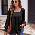 Nadorine Long Sleeve Shirts Square Neck Pleated Tunic Tops