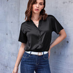 Nadorine Women Satin Shirt V-Neck Short Sleeve Button Down Shirt Casual Loose Office Silk Tops  (Us Only)