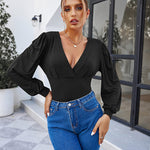 Women Sexy Bodysuits Long Sleeve V Neck Jumpsuits Tops Leotard Shirts - Nadorine (Us Only)