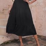 Women's Boho Elastic High Waist Ruffle A Line Swing Beach Long Maxi Skirt with Pockets - Nadorine (Us Only)