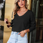 Nadorine Women Waffle Knit Tops Casual Long Sleeve Shirts Solid Color V Neck Shirt