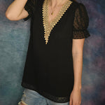 Womens V Neck Puff Short Sleeve Tops Swiss Dots Chiffon Lace Neckline Shirts Blouses - Nadorine (Us Only)