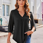 Nadorine 3/4 Sleeve Ruffle V Neck Flowy Floral Mesh Blouses