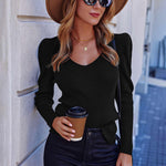 Nadorine V Neck Sweaters Casual Puff Sleeve Pullover Sweater