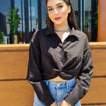 Zeagoo Women's V Neck Twist Hem Blouse Long Sleeve Crop Top Casual Button Shirts