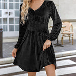 Nadorine Velvet Dress V-Neck Long Sleeve Stretch Mini Dress