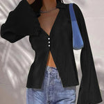 Women's Deep V Neck Shirt Button Front Blouse Bell Long Sleeve Tops - Nadorine (Us Only)