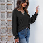 Nadorine Women Casual V Neck T-Shirts Ruffle Long Sleeve Shirt Eyelet Loose Blouses S-XXL