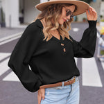 Nadorine Women V Neck Sweater Lantern Sleeve Drop Shoulder Oversized Henley Knit Pullover Tops S-XXL