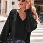 Nadorine Blouses Puff Long Sleeve Pleated V Neck Tunic Tops