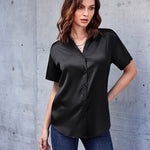 Nadorine Women Satin Shirt V-Neck Short Sleeve Button Down Shirt Casual Loose Office Silk Tops  (Us Only)