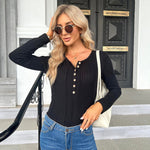 Nadorine Sweaters Ribbed Knit Long Sleeve Henley Shirts