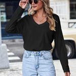 Nadorine Women Waffle Knit Tops Casual Long Sleeve Shirts Solid Color V Neck Shirt