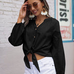 Tie Knot Front Tops Cotton Blouse Shirts - Nadorine (Us Only)