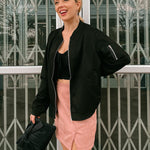 Faux Bomber Zip Up Lightweight Jacket Coat with Pockets - Nadorine (Us Only)