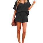 Women's 2 Piece Cotton Linen Tracksuit Short Sleeve Casual Shorts Set V Neck Beach Outfits - Nadorine (Us Only)