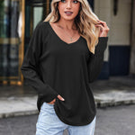 Nadorine Women Waffle Knit Tops Casual Long Sleeve Shirts Solid Color V Neck Shirt