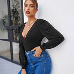 Women Sexy Bodysuits Long Sleeve V Neck Jumpsuits Tops Leotard Shirts - Nadorine (Us Only)