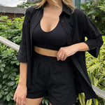 Linen Shirt Elastic Waist Casual Shorts Set - Nadorine (Us Only)
