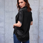 Nadorine Women Satin Shirt V-Neck Short Sleeve Button Down Shirt Casual Loose Office Silk Tops  (Us Only)