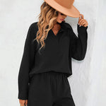 Womens 2 Piece Outfits Lounge Sets Cotton Linen Long Sleeve V-Neck Shirt and Mini Shorts With Pockets - Nadorine (Us Only)