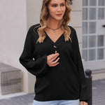 Nadorine Women V Neck Sweater Lantern Sleeve Drop Shoulder Oversized Henley Knit Pullover Tops S-XXL