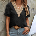Womens V Neck Puff Short Sleeve Tops Swiss Dots Chiffon Lace Neckline Shirts Blouses - Nadorine (Us Only)