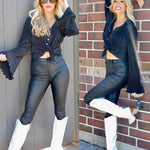Women's Deep V Neck Shirt Button Front Blouse Bell Long Sleeve Tops - Nadorine (Us Only)