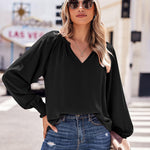 Nadorine Blouses Puff Long Sleeve Pleated V Neck Tunic Tops