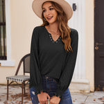 Nadorine Women Casual V Neck T-Shirts Ruffle Long Sleeve Shirt Eyelet Loose Blouses S-XXL