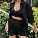 Linen Shirt Elastic Waist Casual Shorts Set - Nadorine (Us Only)