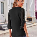 Nadorine 3/4 Sleeve Ruffle V Neck Flowy Floral Mesh Blouses