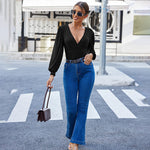Women Sexy Bodysuits Long Sleeve V Neck Jumpsuits Tops Leotard Shirts - Nadorine (Us Only)