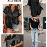 Nadorine Women Satin Shirt V-Neck Short Sleeve Button Down Shirt Casual Loose Office Silk Tops  (Us Only)