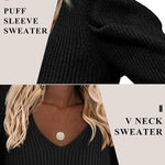 Nadorine V Neck Sweaters Casual Puff Sleeve Pullover Sweater