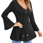 Nadorine Women's Sexy V-Neck Pleated Front Long Bell Sleeve Blouse Tops