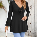 Nadorine Women's Sexy V-Neck Pleated Front Long Bell Sleeve Blouse Tops