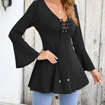 Nadorine Women's Sexy V-Neck Pleated Front Long Bell Sleeve Blouse Tops