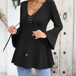 Nadorine Women's Sexy V-Neck Pleated Front Long Bell Sleeve Blouse Tops