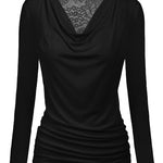 Womens Long Sleeve Ruched Top Slim Fitted Cowl Neck Wrap Shirts with Side Shirring - Nadorine (Us Only)