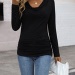 Womens Long Sleeve Ruched Top Slim Fitted Cowl Neck Wrap Shirts with Side Shirring - Nadorine (Us Only)