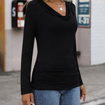 Womens Long Sleeve Ruched Top Slim Fitted Cowl Neck Wrap Shirts with Side Shirring - Nadorine (Us Only)