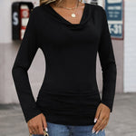 Womens Long Sleeve Ruched Top Slim Fitted Cowl Neck Wrap Shirts with Side Shirring - Nadorine (Us Only)