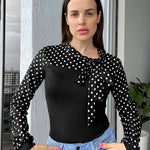 Nadorine Bow Tie Neck Long Sleeve Shirts Work Tops