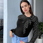 Nadorine Bow Tie Neck Long Sleeve Shirts Work Tops